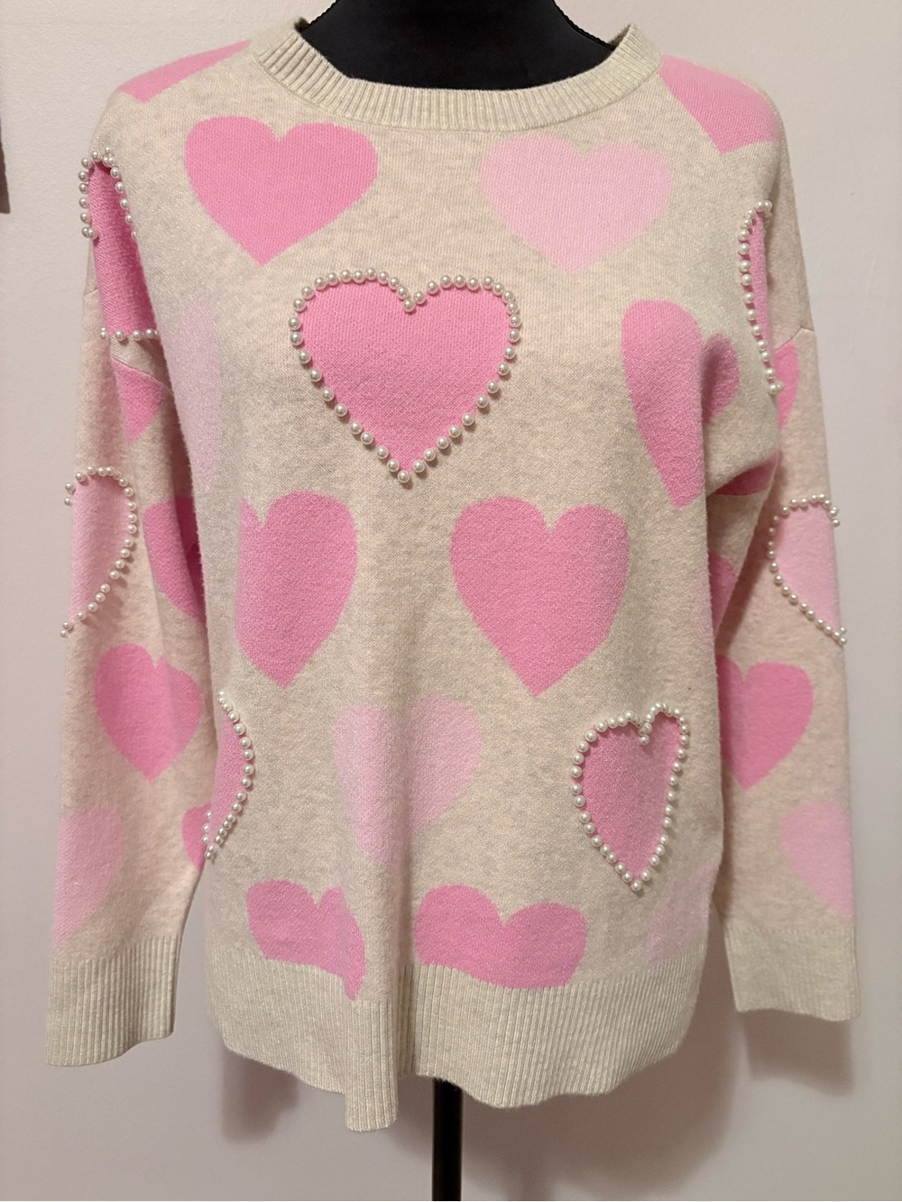 Crown & Ivy MCream & Pink Heart Pearl-Trim Sweater